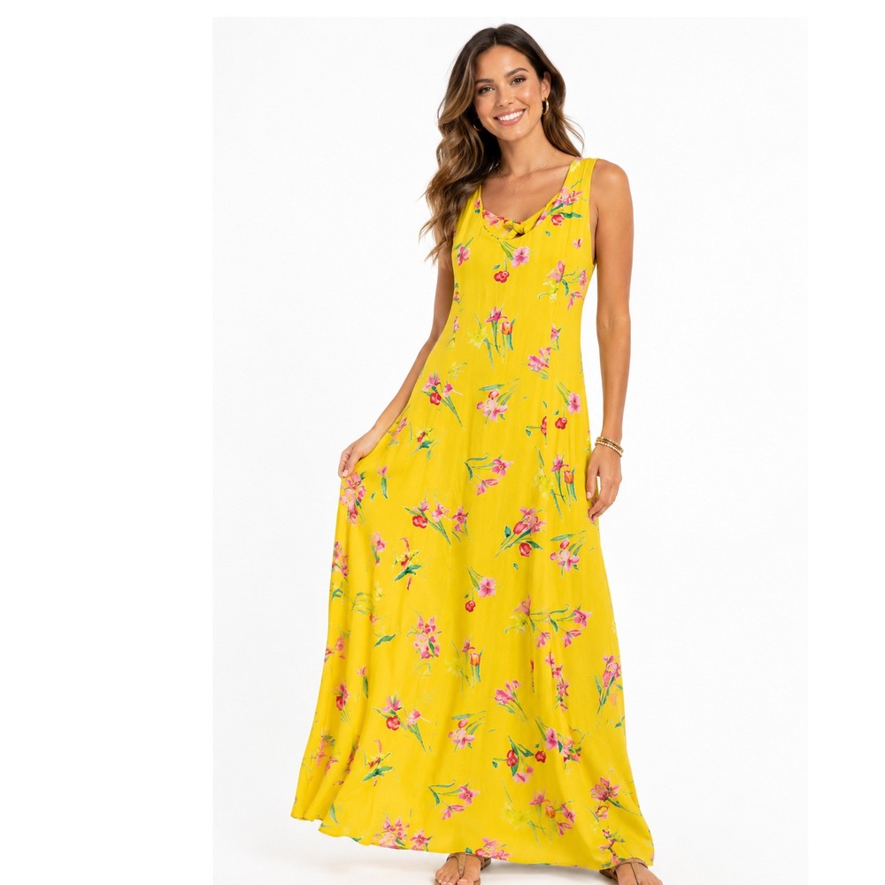 Casual Corner Floral‎ Maxi Dress Womens 4 Yellow Sleeveless Tropical Rayon